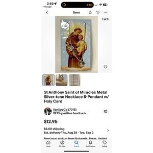 St Anthony Saint of Miracles Metal Silver-tone Necklace & Pendant w/ Holy‎ Card